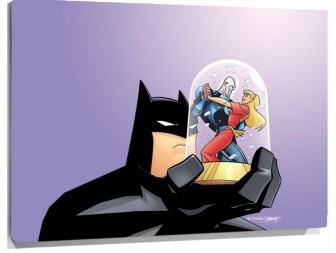 Lienzo Batman Sujetando Una Figurita De El Señor Frio Y Su Chica nevando 