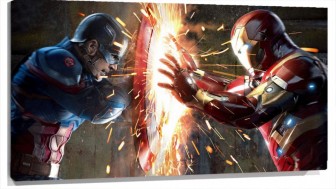Lienzo capitan amercia defendiendose con su escudo contra ironman 