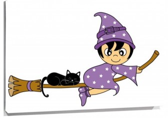 Lienzo bruja y gato en escoba