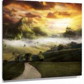 Lienzo camino montana atardecer