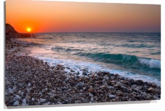 Lienzo playa atardecer piedras